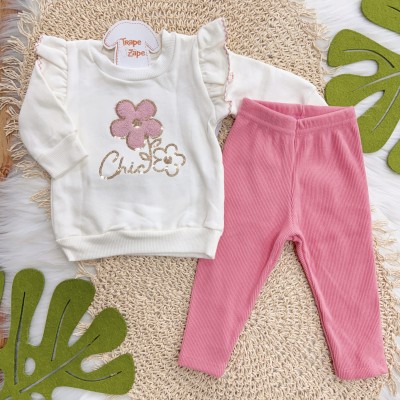 Conj. Casaco de Moletom Chic Flor e Calça Ribana em Plush - Off White e Risa